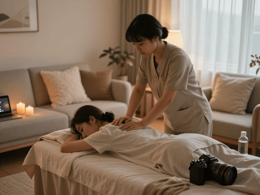 Enjoying a soothing 출장안마 experience at home with a professional massage therapist in a cozy atmosphere.
