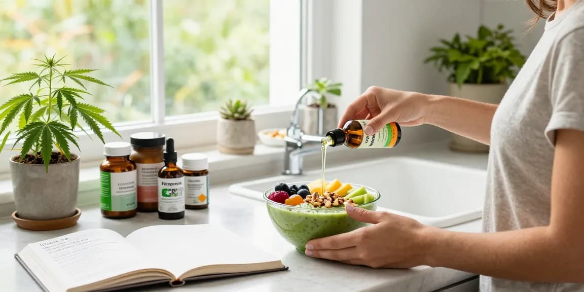 Best CBD oil used in a healthy morning smoothie prep, featuring organic ingredients and natural wellness elements for holistic health.