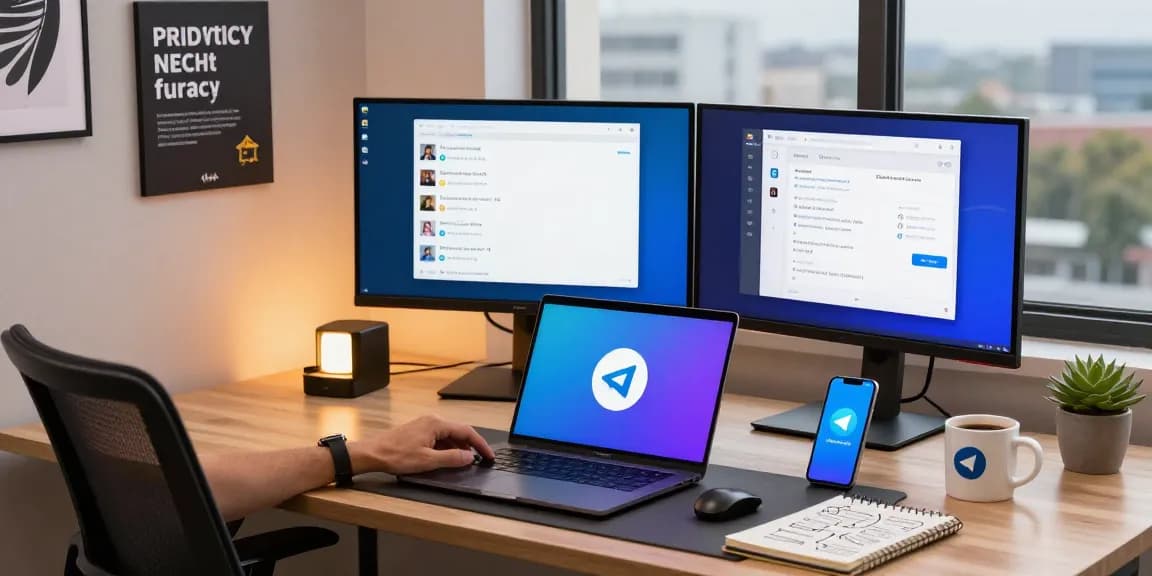Download Telegram on a laptop in a modern workspace with vibrant chat interface and ergonomic setup.